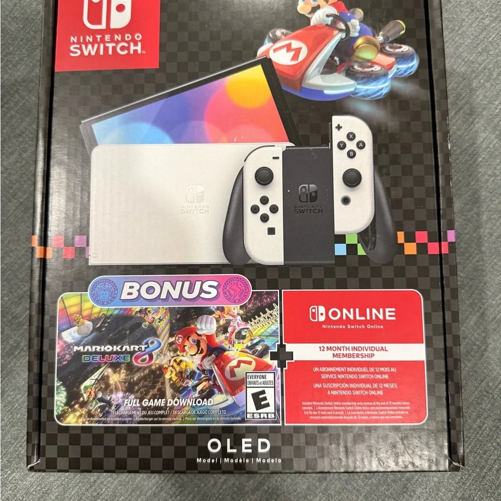 Nintendo Switch OLED with White Joy-Con and Mario Kart 8 Deluxe